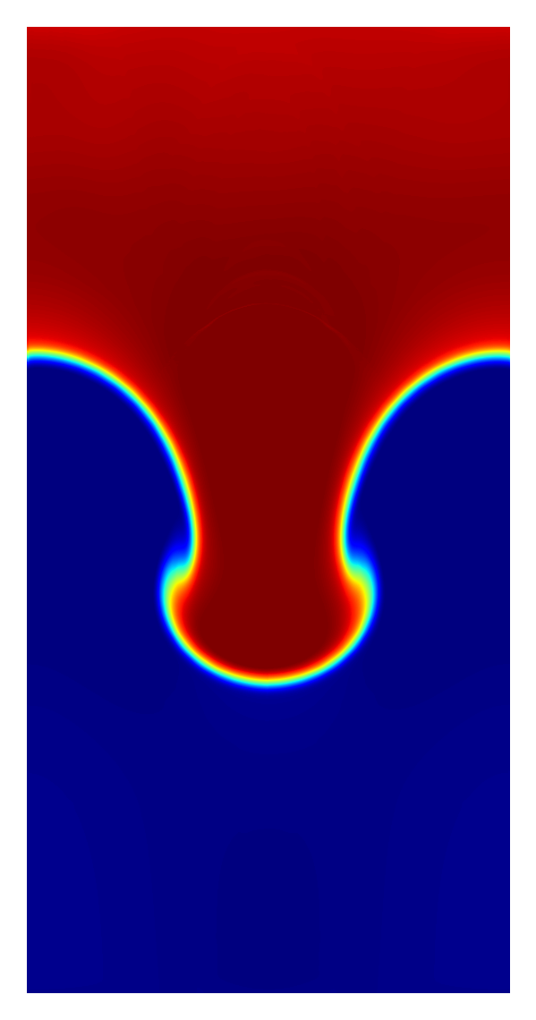 Figure 2: RTI mid-stage (ρ=3:1, t=130) — heavy fluid finger plunging downward, mushroom cap beginning to form